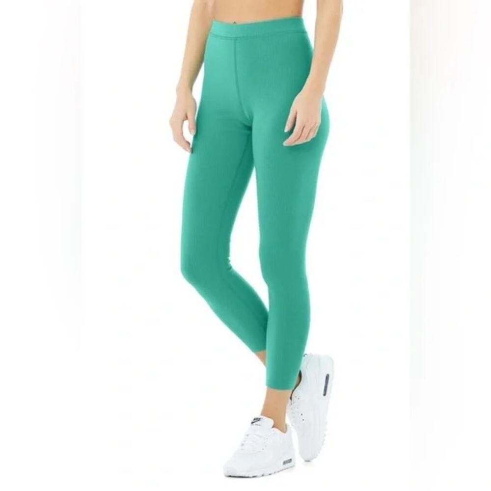 Alo Yoga Teal Blissful High-Waisted Ribbed Leggings Full Length Sz S Athleisure